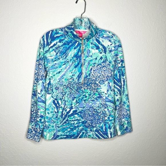 Lilly Pulitzer Sweater Women XS Skipper Popover Floral 1/4 Zip Blue Turquoise BB - Picture 1 of 9
